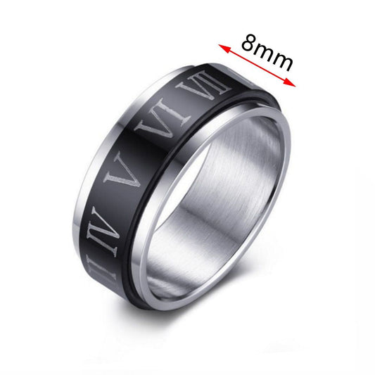 Glossy Silver/Black Roman Numeral Spinner Ring