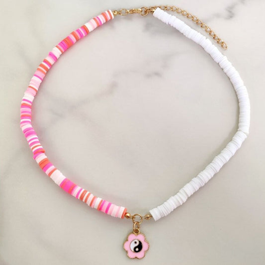 Pink/White Puka Shell Yin-yang Charm Necklace