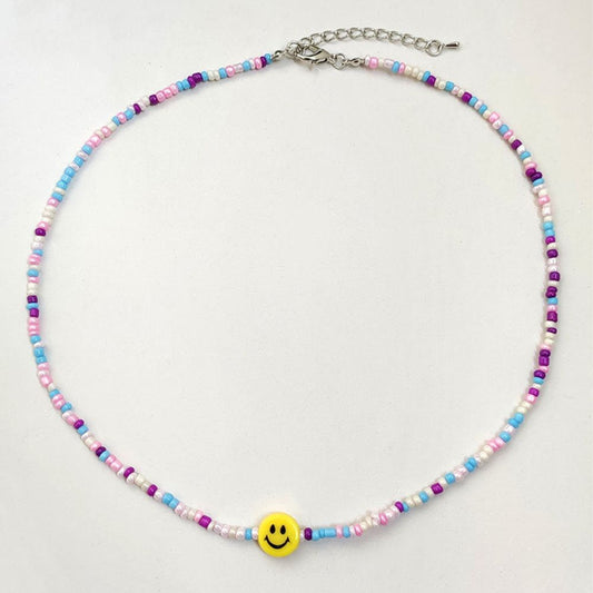 Multi-color Bead Smiley Face Charm Necklace