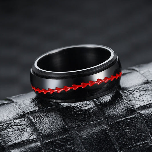 Glossy Black Red Stitch Spinner Ring