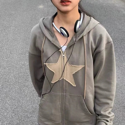 Olive Green Star Zip-up Embroidery Hoodies