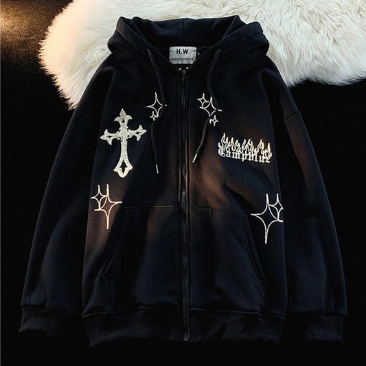 Black Gothic Zip-up Embroidery Hoodie